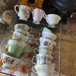 Vtg wire dish drainer full of teacups tea party coffee teacup collection 15 pcs